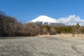 Mount Fuji snow covered in winter with white clouds and blue sky