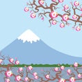 Mount Fuji, Spring Nature background with Japanese cherry blossoms, sakura pink flowers landscape. Water lake, forest mountain wit Royalty Free Stock Photo