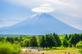 Mount Fuji view behind colorful flower field at Fuji Shibazakura Festival