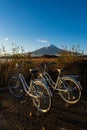 Mount Fuji view from Lake Kawaguchi with bicycles foreground, Yamanashi Prefecture, Japan. Royalty Free Stock Photo