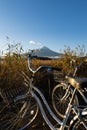 Mount Fuji view from Lake Kawaguchi with bicycles foreground, Yamanashi Prefecture, Japan. Royalty Free Stock Photo