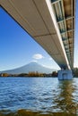 Mount Fuji view with a bridge across the lake Kawaguchiko bottom view from Lake Kawaguchi, Yamanashi Prefecture, Japan. Royalty Free Stock Photo