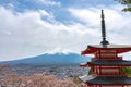 Mount Fuji viewed from behind Chureito Pagoda in full bloom cherry blossoms Royalty Free Stock Photo