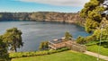 Mount Gambier, South Australia. Drone aerial view of beautiful Blue Lake in spring season Royalty Free Stock Photo