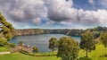 Mount Gambier, South Australia. Drone aerial view of beautiful Blue Lake in spring season Royalty Free Stock Photo