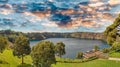 Mount Gambier, South Australia. Drone aerial view of beautiful Blue Lake in spring season Royalty Free Stock Photo