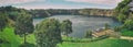 Mount Gambier, South Australia. Drone aerial view of beautiful Blue Lake in spring season Royalty Free Stock Photo