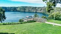 Mount Gambier, South Australia. Drone aerial view of beautiful Blue Lake in spring season Royalty Free Stock Photo