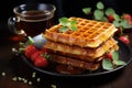 Mount of golden waffles with fresh strawberries and honey., generative IA