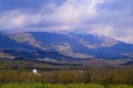 Mount Hermon from the Volcano crater Birket Ram Rams pool in Israel