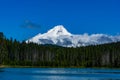 Mount Hood covered with snow and clouds against a blue sky, Frog Lake, Oregon, USA