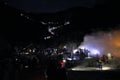 Mount Ijen, Java, Indonesia - February 04 2024: people walk at night to the blue fire in the crater of the volcano