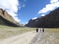 Start of 53km Mt Kailash circumambulation trek from Tarboche, with the mountain`s south face visible in the distance, Tibet, China Royalty Free Stock Photo