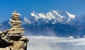 mount Kangchenjunga 8586 m with stone pyramid Royalty Free Stock Photo