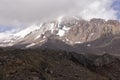 Mount Kazbegi in Georgia Caucasus mountains with snow and fog