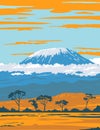 Mount Kilimanjaro Dormant Volcano in Tanzania the Highest Mountain in Africa WPA Poster Art Royalty Free Stock Photo