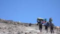 Mount Kilimanjaro / Tanzania: 5 January 2016: porters carry equipment and material to Barafu Camp on Mount Kiliimanjaro during a