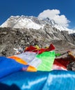 Mount Lhotse peak with prayer flags three passes Royalty Free Stock Photo