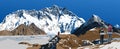 Mount Lhotse south rock face, glacier and three hikers, vector illustration