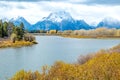 Mount Moran and Oxbow Bend in Grand Teton National Park during autumn in Wyoming Royalty Free Stock Photo