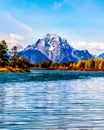 Mount Moran and surrounding Mountains in the Teton Mountain Range of Grand Teton National Park with Kayakers on the Snake River