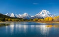 Mount Moran view from Oxbow Bend beside Snake River of Grand Teton, Wyoming Royalty Free Stock Photo