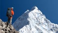 Mount Nuptse with hiker, mountain vector illustration