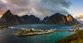 Mount Olstind above the Sakrisoy fishing village, Lofoten, Norway Royalty Free Stock Photo