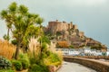 Mount Orgueil castle over the Gorey village, Saint Martin, bailiwick of Jersey, Channel Islands