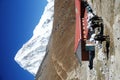 Mount Pumori above huts in Nepal