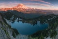Mount Rainier and Eunice Lake as seen from Tolmie Peak. View of volcano with a lake in the foreground Scenic view of Mount Rainier