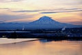 Mount Rainier over Tacoma, Washington, USA.Views of the volcano from the side of Commensement Bay. October, 2019.