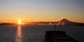 Mount Rainier over Tacoma, Washington, USA.Views of the volcano from the side of Commensement Bay. October, 2019.