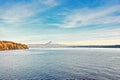 Mount Rainier over Tacoma, Washington, USA.Views of the volcano from the side of Commensement Bay. October, 2019.