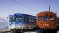 MOUNT RIGI-SWITZERLAN-19-APRIL-2019:Famous electric red and blue tourist swiss train on Rigi mountain Royalty Free Stock Photo