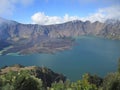 Mount Rinjani, the second highest volcano mountain in Indonesia, located in Lombok Island. A mountain with a beautiful crater lake Royalty Free Stock Photo