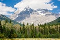 Mount Robson towering over evergreen forest