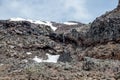 Mount Ruapehu landscape and small watefall flowing under a snow cap in Tongariro National park Royalty Free Stock Photo