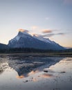 Mount Rundle reflected in Vermilion Lakes at sunrise. Banff. Canadian Rockies. Vertical format