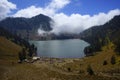 Mount Semeru, Indonesia, August 2019. Panoramic view of beautiful mountain landscape with Kumbolo lake camp site Royalty Free Stock Photo