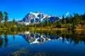 Mount Shuksan reflects during fall in Picture Lake in Washington State Royalty Free Stock Photo