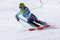 Mountain skier skiing down mount. Russian Alpine Skiing Championship, slalom
