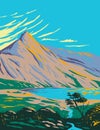 Mount Snowdon with Lake Glaslyn in Snowdonia National Park in Northwestern Wales UK Art Deco WPA Poster Art