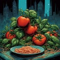 Mount of spaghetti, tomato and basil in new york city, 90\'s comics style