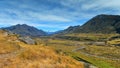 Mount Sunday and surrounding mountain ranges, used in filming Lord of the Rings movie Edoras scene, in New Zealand