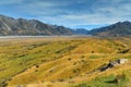 Mount Sunday and surrounding mountain ranges, used in filming Lord of the Rings movie Edoras scene, in New Zealand