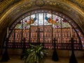 MOUNT TABOR, ISRAEL, July 10, 2015: Ornate stained with peacocks