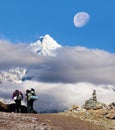 Mount Thamserku moon tourists Nepal Himalayas mountains Royalty Free Stock Photo