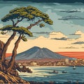 Mount Vesuvius seen from Naples, Ukiyo-e style