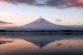 Mount volcano Fuji-san warmth reflection Kawaguchiko Lake at sun